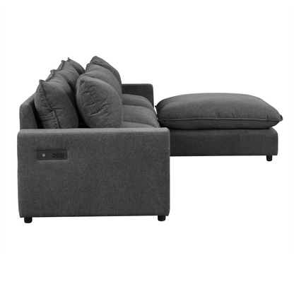 128" Sectional Sofa Cloud Sofa Chenille Upholstered Sofa  Couch with Movable Ottoman, Comfortable Seat Cushions, Charging Ports and Three Back Pillows for Living Room, Grey