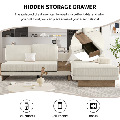 114" L-shaped Sofa Sectional Sofa with Two USB Ports and Two Power Sockets, a Storage Drawer and a Reversible Chaise Lounge for Living Room, Beige